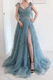 bow tie straps dusty blue prom dresses a line lace split formal dress