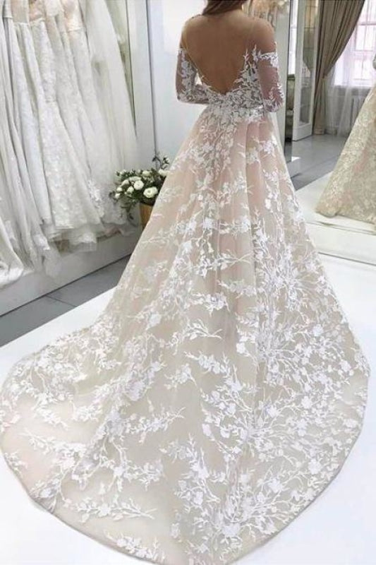 A Line Lace Tulle Open Back Long Sleeves Wedding Dress - Wedding Dresses