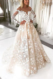 Beautiful A Line Illusion Tulle Long Sleeves Lace Wedding Dresses With Sweep Train PW534