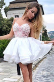 a line spaghetti straps tiered white homecoming dress with appliques