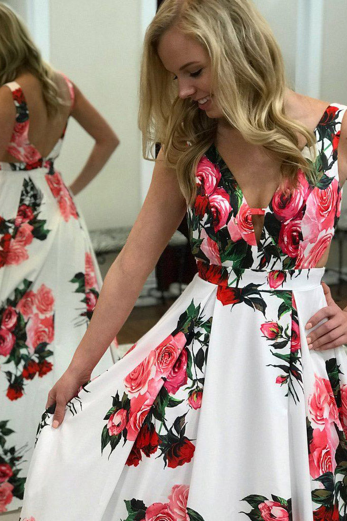 a line v neck spring floral printed long prom dress with pockets