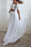 Boho Beach Chiffon Wedding Dresses, Two Piece Off Shoulder Bridal Gown PW65