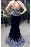 dark navy blue mermaid v neck prom dresses with appliques