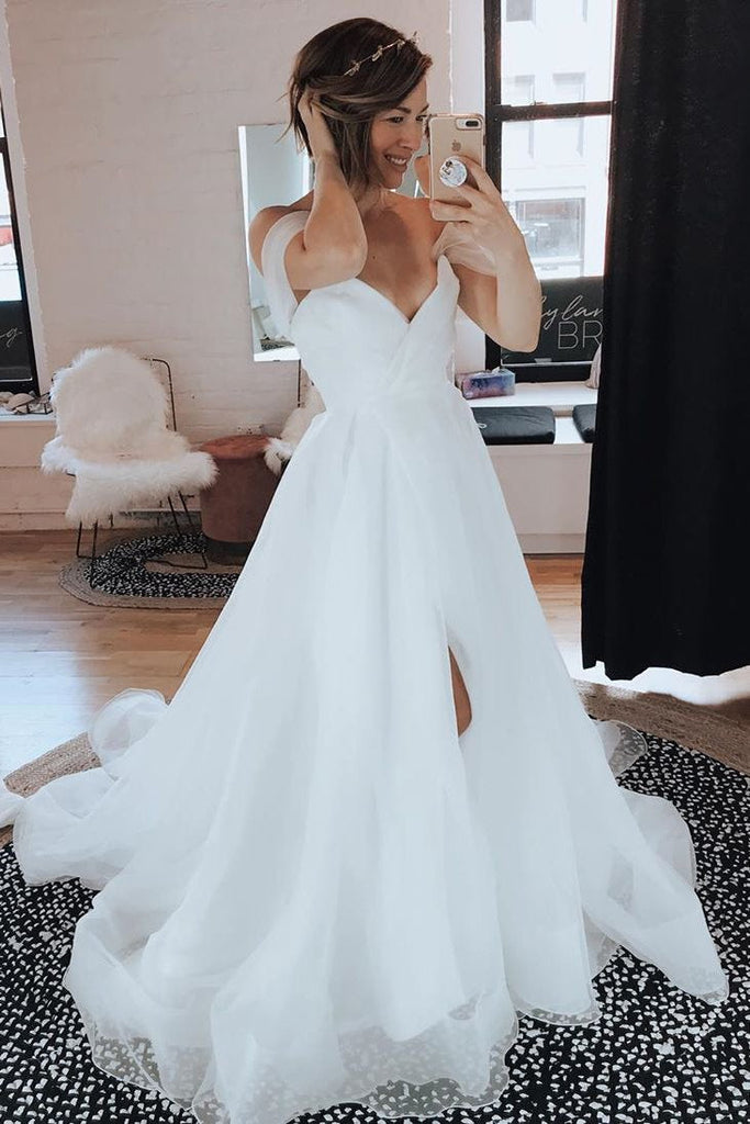 simple off the shoulder ruffled wedding dress with split ae988