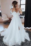 Simple Off the Shoulder Ruffled Wedding Dress with Split, Boho Beach Wedding Gown PW472