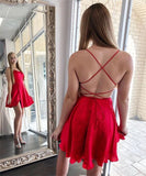 simple red satin short prom dresses backless homecoming dress with slit