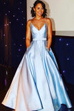 Satin A-line Light Sky Blue Long Prom Dresses with Beaded Pockets MP14
