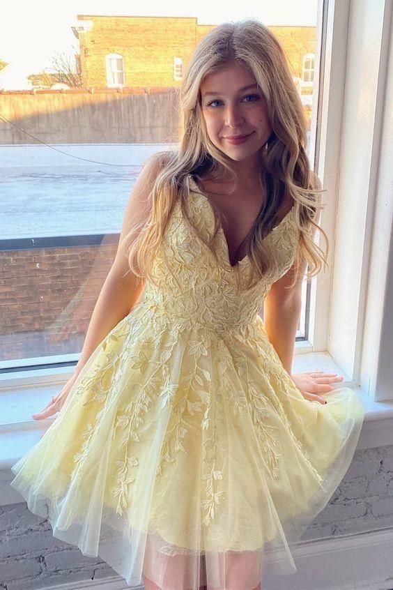 yellow a line short lace appliques homecoming dress sweet 16 dress