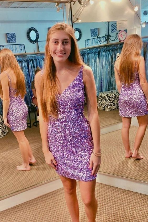 shiny lilac sequined tight short party dress sparkly sleeveless homecoming dress