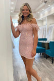 sequined pink off the shoulder bodycon homecoming dresses with feather