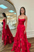 Scoop Neck Red Ruffles Satin A-Line Long Prom Dresses with Slit GP451