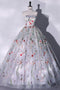 Princess Silver Grey Strapless Ball Gown Prom Dress, Lace Floral Quinceanera Dress GP510