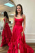 Scoop Neck Red Ruffles Satin A-Line Long Prom Dresses with Slit GP451