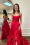 Scoop Neck Red Ruffles Satin A-Line Long Backless Prom Dresses with Slit GP651