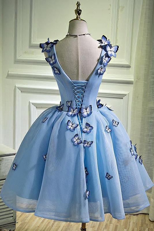 sky blue sweet 16 dress a line homecoming dress with butterfly appliques