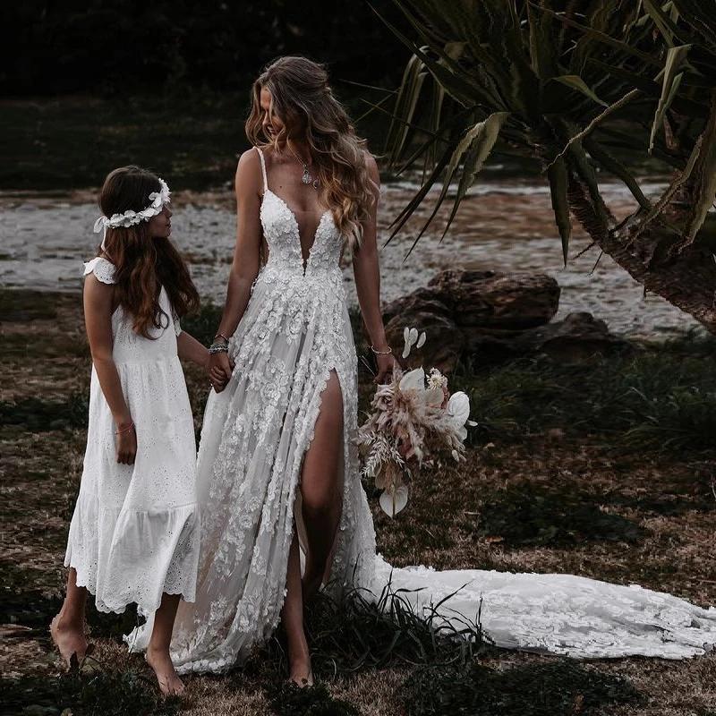 a line deep v neck lace floral wedding dresses with slit backless beach bridal gowns