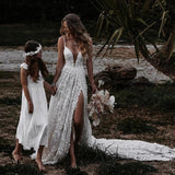 A-Line Deep V Neck Lace Floral Wedding Dresses With Slit, Backless Beach Bridal Gowns PW497