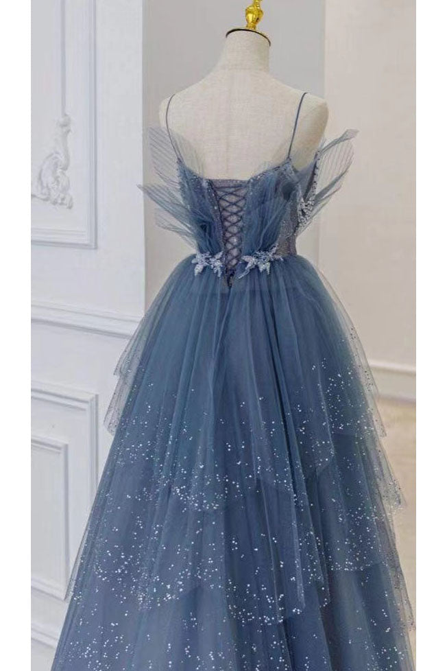 Princess Sparkly Tulle Blue Beaded Prom Dress, Tiered Formal Gown GP294