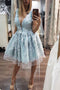 Sky Blue Homecoming Dresses Deep V Neck 3D Floral Appliques Short Prom Dress GM378