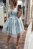 sky blue homecoming dresses deep v neck 3d floral appliques short prom dress