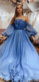 Elegant Blue Off-shoulder Bubble Sleeves A-line Ruffle Long Prom Dress, GP340