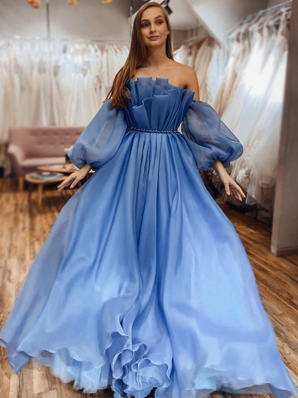 elegant blue off shoulder bubble sleeves a line ruffle long prom dress