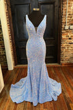 light blue v neck sequin mermaid backless prom dresses long formal dresses
