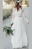 lace long sleeves beach wedding dress boho two piece chiffon bridal gown