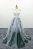 a line tulle long prom dress backless evening dress with lace top