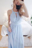 Simple Blue Long Prom Dress Round Neck Chiffon Party Dress MP701