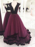 Elegant Grape Long Prom Dress V neck Tulle Formal Evening Gown MP700