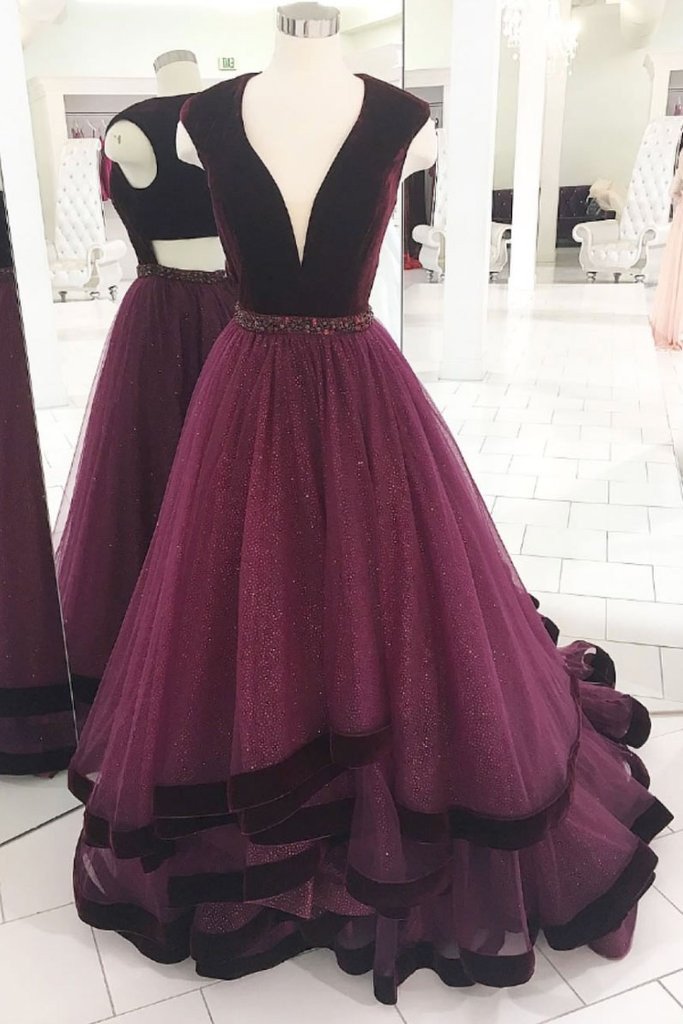 elegant grape long prom dress v neck tulle formal evening gown