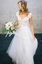 Cap Sleeves A-Line V Neck Tulle Wedding Dresses with Lace Appliques PW393