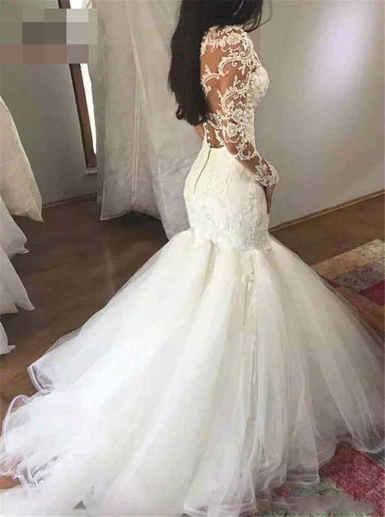 sheer long sleeves mermaid wedding dress v neck tulle bridal dress with appliques