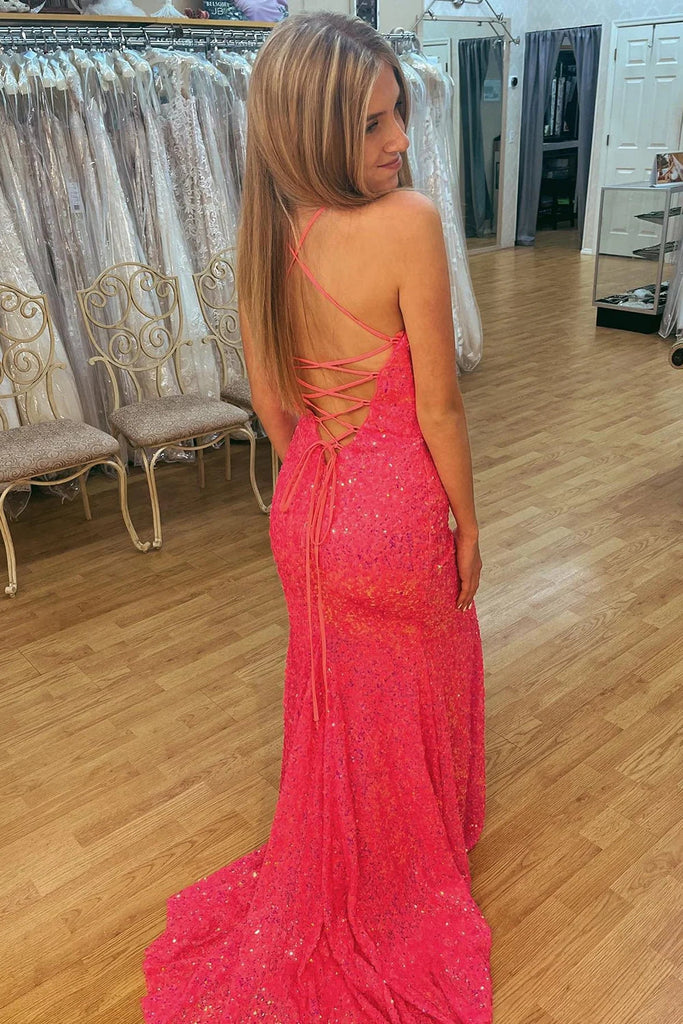 charm hot pink sequins mermaid prom dress lace up back evening gown