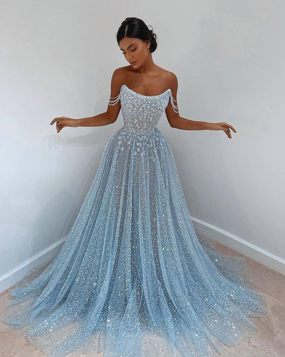 Shiny Strapless Blue Tulle Long Prom dress, Sparkly Blue Tulle Evening Dress GP317
