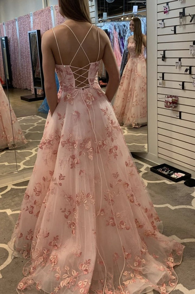 pink tulle floral long prom dresses a line graduation gown with pockets