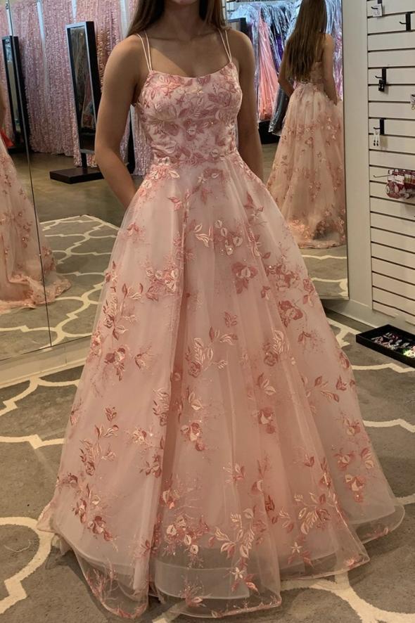 pink tulle floral long prom dresses a line graduation gown with pockets