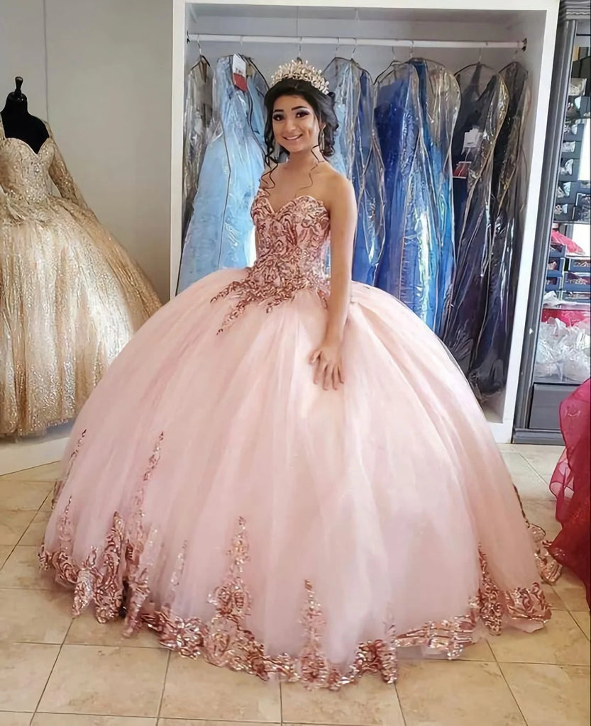 pink sweetheart ball gown prom dress with appliques princess pink quinceanera dresses