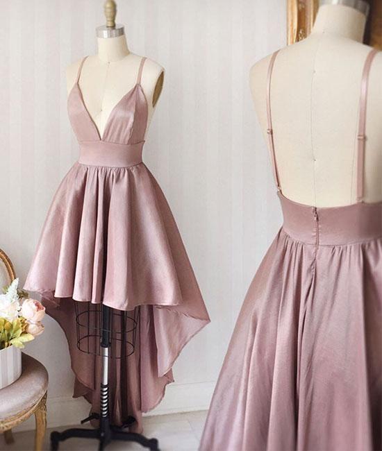 simple high low pink homecoming dress backless short prom dress