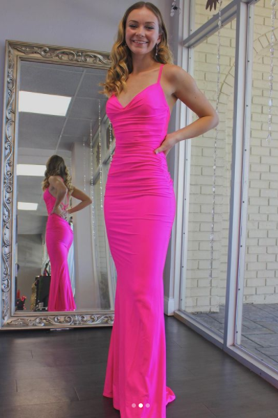 elegant spaghetti straps mermaid prom dresses hot pink long evening gown