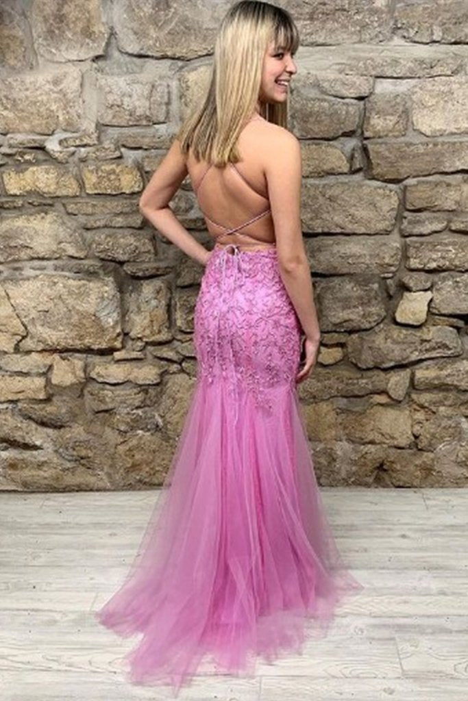 Mermaid Backless Purple Lace Tulle Long Prom Dress, Sexy Evening Dress GP345