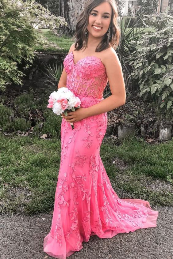 sweetheart mermaid pink lace appliques sleeveless long prom dresses