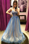 Spaghetti Straps Blue Tulle Long Blue Prom Dress Formal Evening Dress GP322