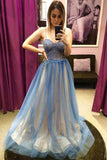 Spaghetti Straps Blue Tulle Long Blue Prom Dress Formal Evening Dress GP