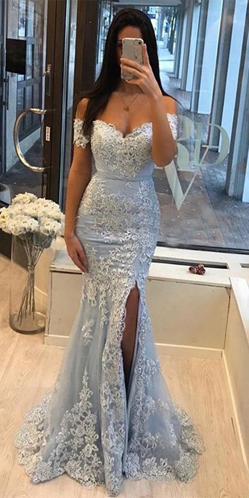 blue off the shoulder split mermaid prom dress with lace appliques