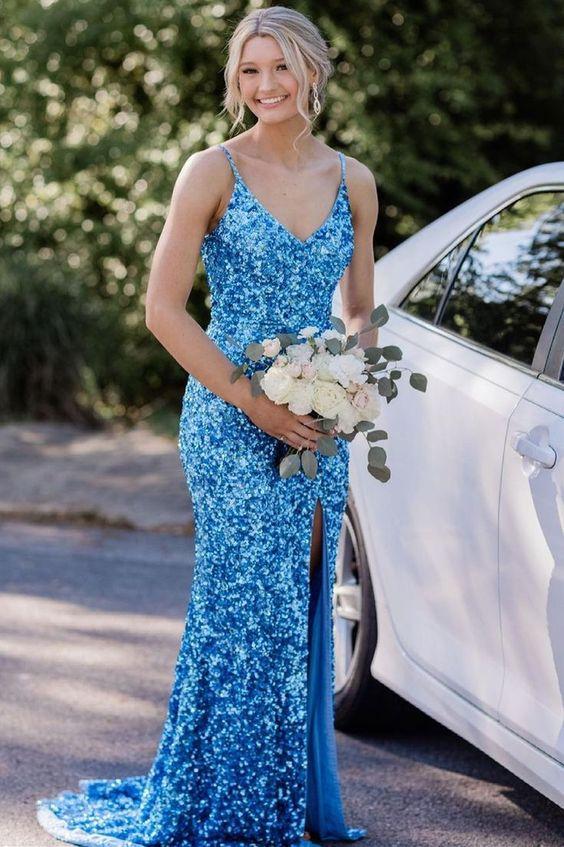 Blue Sequin Prom Dress Mermaid Sparkly Sleeveless Long Formal Gown GP225