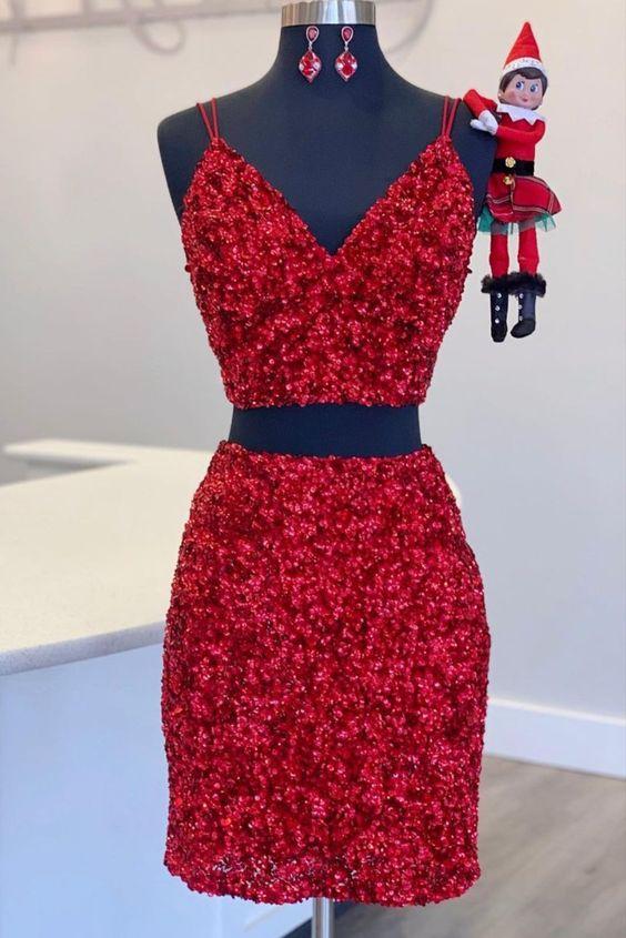 two piece red sequined homecoming dress v neck tight party dress