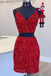 two piece red sequined homecoming dress v neck tight party dress