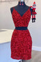 Two Piece Red Sequined Homecoming Dress, V-neck Tight Party Dress GM439